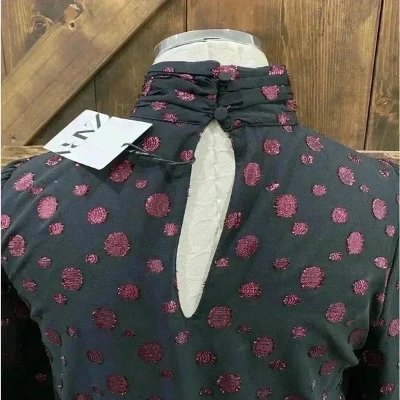 NWT ZARA Pink Polka Dot Voluminous Black Midi Dress Women’s M - Picture 8 of 13